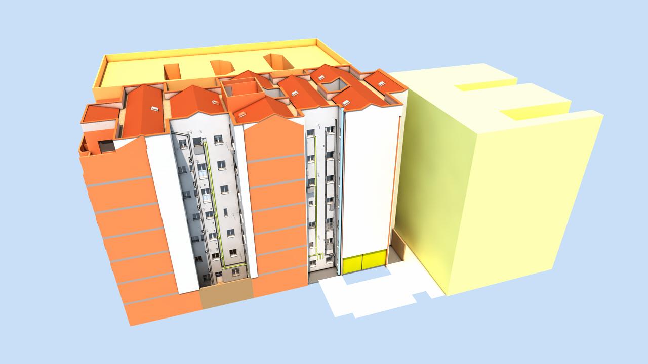 Vista del modelo 3D del proyecto con alguna de las edificaciones colindantes